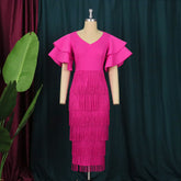 Robe de soirée à col en V et manches à volants, taille haute, avec pompons, robe rose rouge